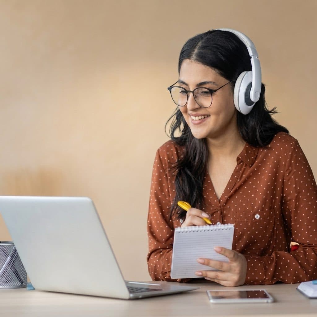 A student taking a live online BOLO class, headphones on, taking notes beside her laptop